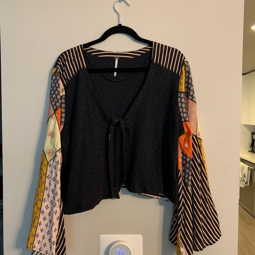 Free people tie front blouse with patterned sleeve